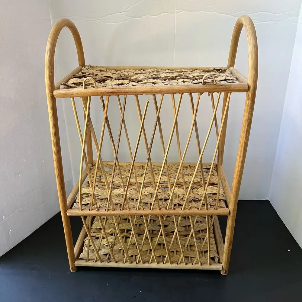 Vintage Wicker Rattan Wall Cabinet Shelf Hanging Bathroom Boho MCM Folding Towel